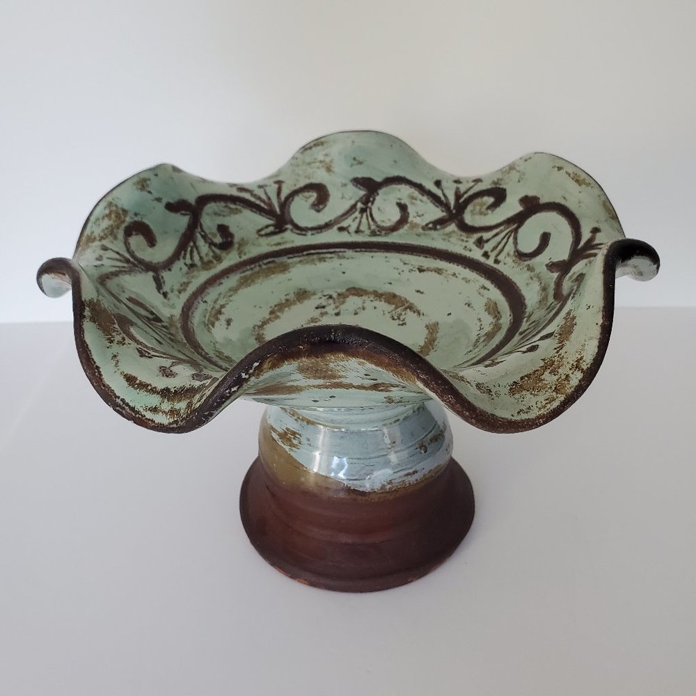 VTG Handmade Antiqued Red Clay Pottery Pedestal Bowl Ruffled Edge Chocolate Mint